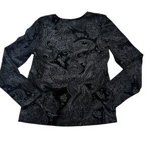 Y2K Black Velvet Paisley Glitter Long Sleeve Shirt Crew Neck Blouse Goth Whimsy